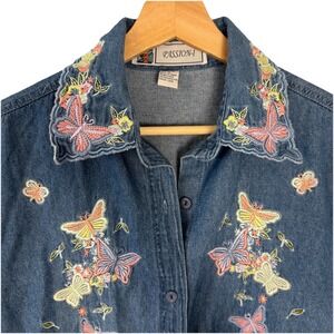 VTG Denim Embroidered Shirt Butterfly Womens Med‎ Cottage Granny Short Sleeve